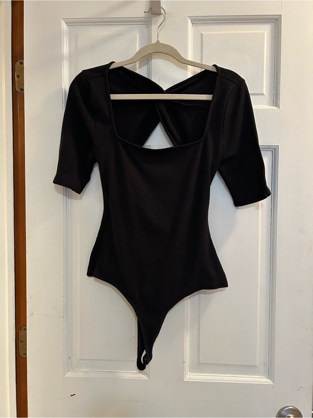 Astr Black Ribbed Square-Neck Twist-Back Bodysuit